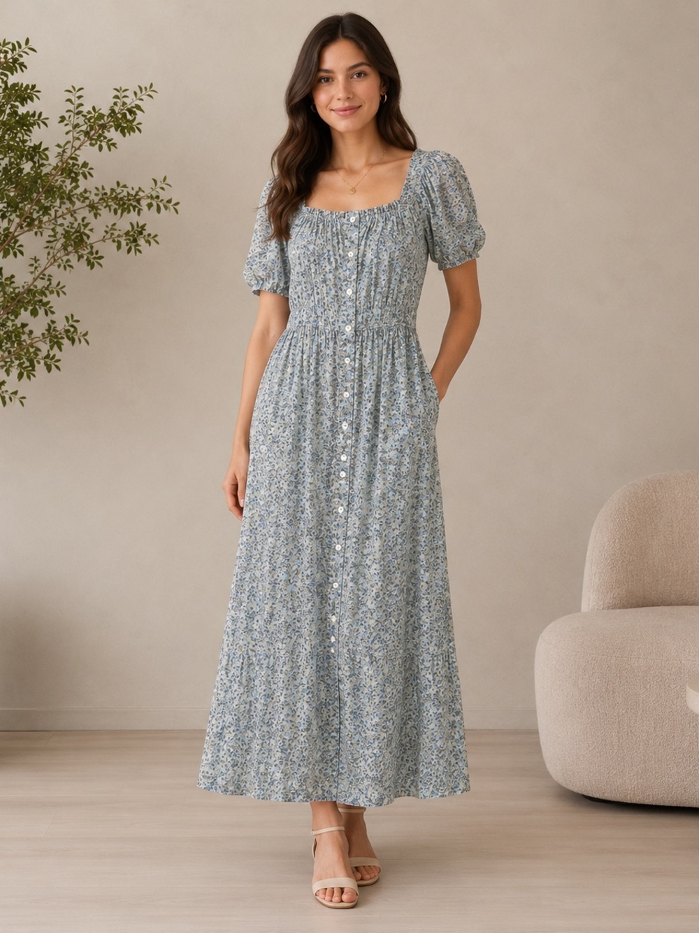 Beau & Ro Blue Floral Button-Front Maxi Dress with Puff Sleeves